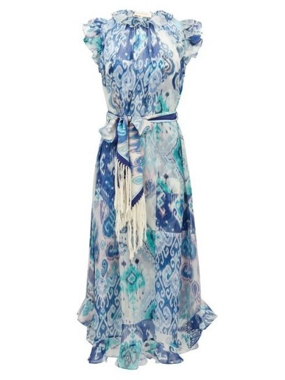ZIMMERMANN Glassy ruffled Ikat-print cotton-blend midi dress ~ blue garden party dresses - flipped