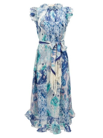 ZIMMERMANN Glassy ruffled Ikat-print cotton-blend midi dress ~ blue garden party dresses