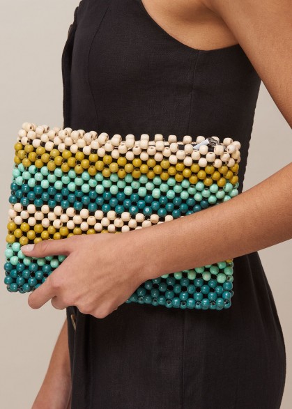 WHISTLES SAFAH STRIPED BEADED CLUTCH GREEN