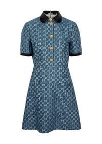 GUCCI Blue monogrammed wool-blend lamé dress / vintage look clothing