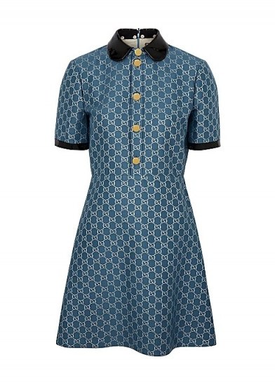GUCCI Blue monogrammed wool-blend lamé dress / vintage look clothing - flipped