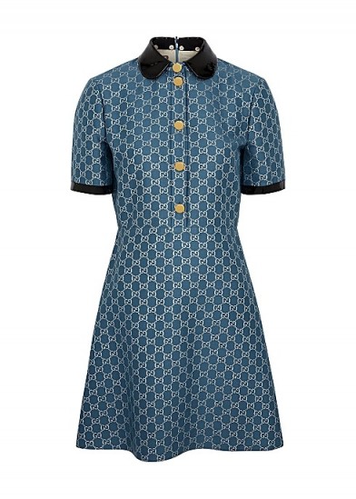 GUCCI Blue monogrammed wool-blend lamé dress / vintage look clothing