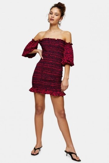 Topshop Heart Print Shirred Bardot Dress | frill trimmed off the shoulder dresses - flipped