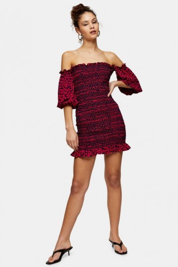 Topshop Heart Print Shirred Bardot Dress | frill trimmed off the shoulder dresses