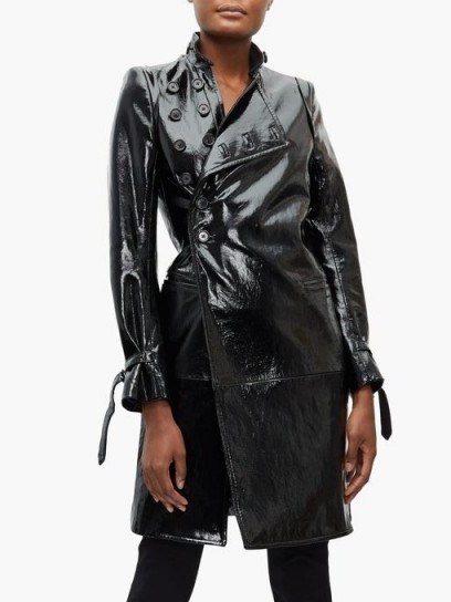ANN DEMEULEMEESTER High-neck coated-leather trench coat ~ black high-shine coats - flipped