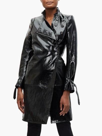 ANN DEMEULEMEESTER High-neck coated-leather trench coat ~ black high-shine coats