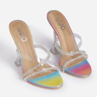 EGO Homegirl Diamante Detail Clear Perspex Heel Mule In Rainbow Print Faux Leather – embellished mules
