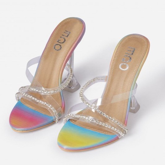 EGO Homegirl Diamante Detail Clear Perspex Heel Mule In Rainbow Print Faux Leather – embellished mules - flipped