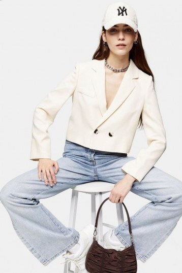 TOPSHOP Ivory Crop Double Breasted Suit Blazer - flipped