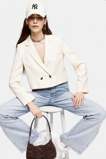 TOPSHOP Ivory Crop Double Breasted Suit Blazer