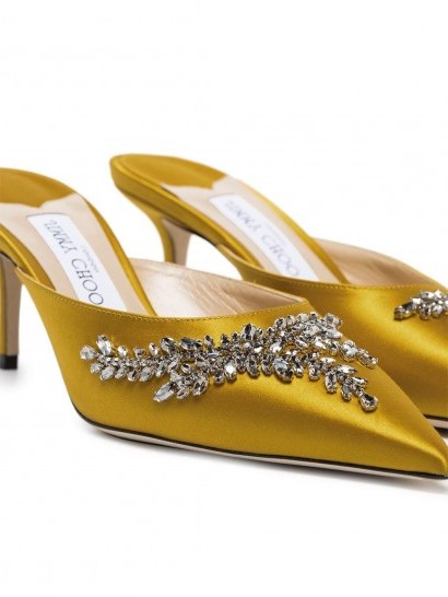 JIMMY CHOO Rav crystal-embellished mules in sun-yellow ~ luxury satin point toe mule - flipped
