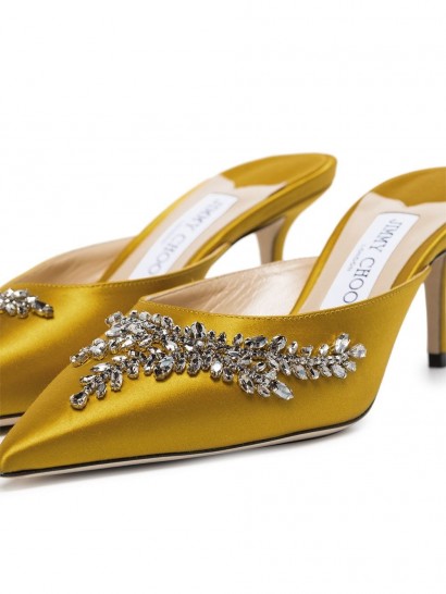 JIMMY CHOO Rav crystal-embellished mules in sun-yellow ~ luxury satin point toe mule