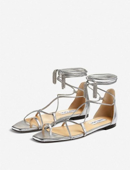 JIMMY CHOO Tassel-embellished metallic leather sandals in silver/crystal - flipped