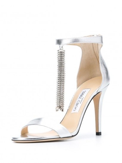 JIMMY CHOO Viola 100mm tassel sandals in silver leather ~ glamour statement - flipped