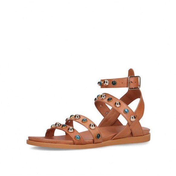 CARVELA KINGSTON TAN Embellished Flat Sandals | strappy stud sandal - flipped