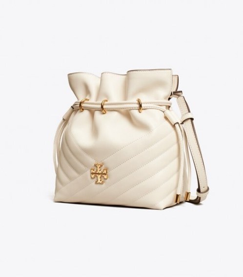 Tory Burch KIRA CHEVRON MINI BUCKET BAG in New Ivory / luxury summer handbag / drawstring pouch bags - flipped