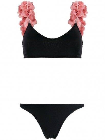 LA REVECHE petal ruffle bikini in black and pink