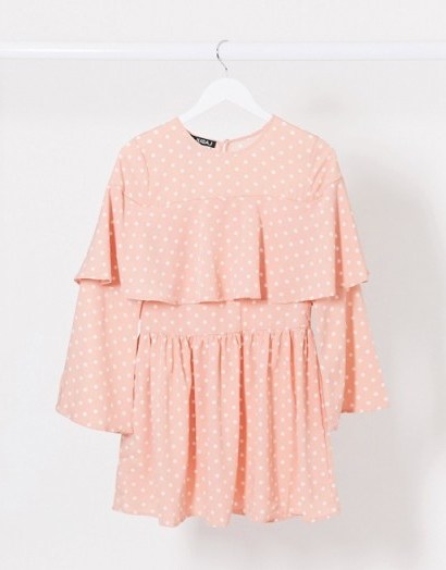 Lasula polka dot shift dress in pink / pretty frill overlay frock - flipped