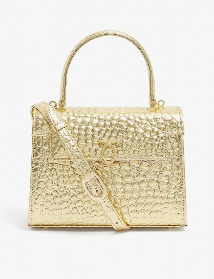 LAUNER Judi croc-embossed leather top handle bag in wendy lamé gold ~ glamorous handbags ~ instant glamour