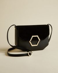 TED BAKER LENAH Leather and suede hexagon detail cross body bag in jet black / essential day style