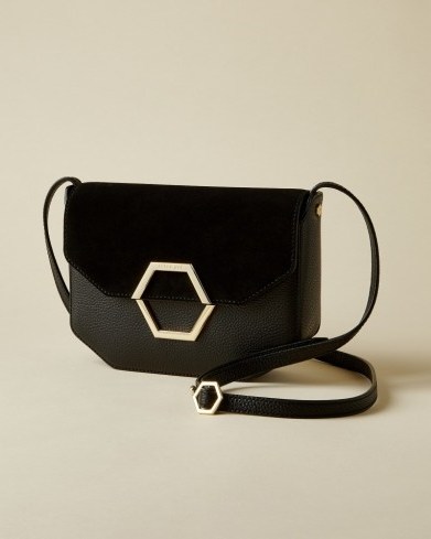 TED BAKER LENAH Leather and suede hexagon detail cross body bag in jet black / essential day style - flipped