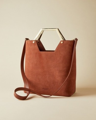 TED BAKER LAYAH Leather and suede hexagon handle shopper bag in dark tan / brown textured shoppers - flipped