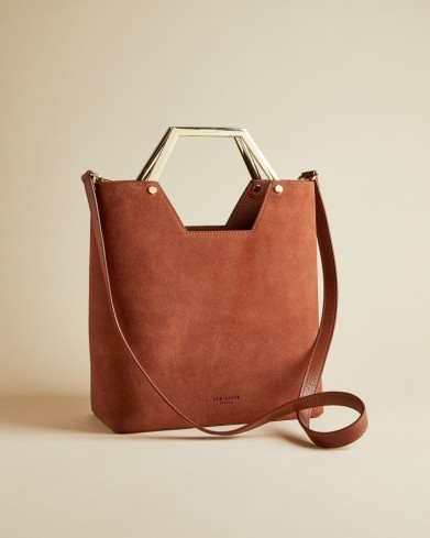 TED BAKER LAYAH Leather and suede hexagon handle shopper bag in dark tan / brown textured shoppers