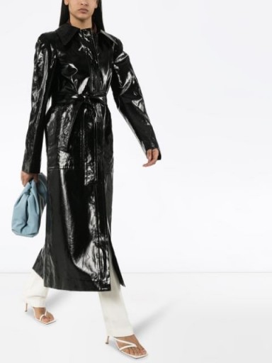 LEMAIRE belted coated trench coat in black | high shine coats