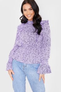 IN THE STYLE LILAC FLORAL FLARE SLEEVE FRILL TOP