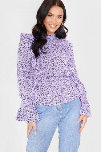 IN THE STYLE LILAC FLORAL FLARE SLEEVE FRILL TOP - flipped
