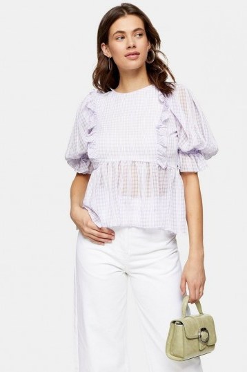 TOPSHOP Lilac Gingham Puff Sleeve Blouse – frill trimmed check print blouses - flipped