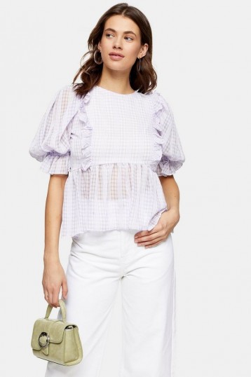 TOPSHOP Lilac Gingham Puff Sleeve Blouse – frill trimmed check print blouses