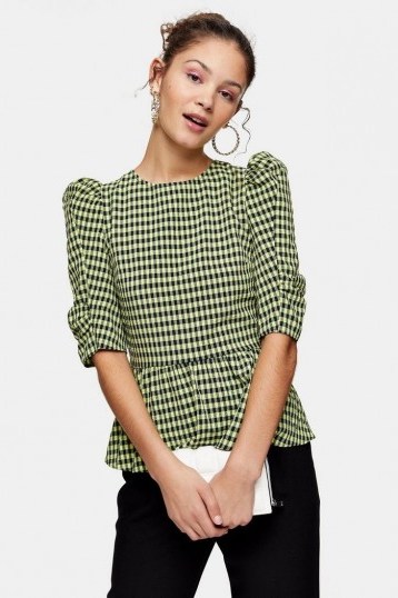 TOPSHOP Lime Green Gingham Lace Up Puff Sleeve Blouse - flipped