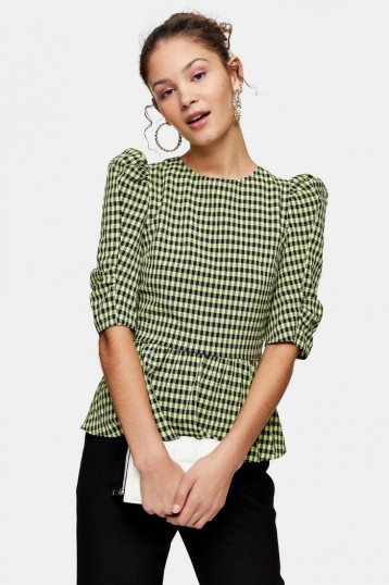 TOPSHOP Lime Green Gingham Lace Up Puff Sleeve Blouse