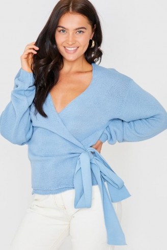 LORNA LUXE ‘BUT FIRST’ LIGHT BLUE WRAP CARDIGAN - flipped