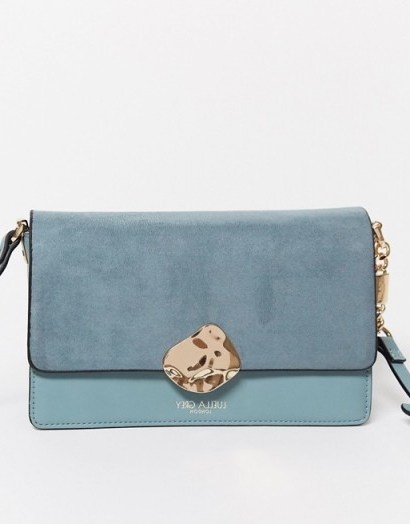 Luella Grey cross body bag in blue with contrast suede front flap and molten gold buckle | crossbody bags - flipped