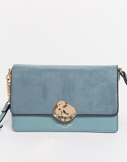 Luella Grey cross body bag in blue with contrast suede front flap and molten gold buckle | crossbody bags