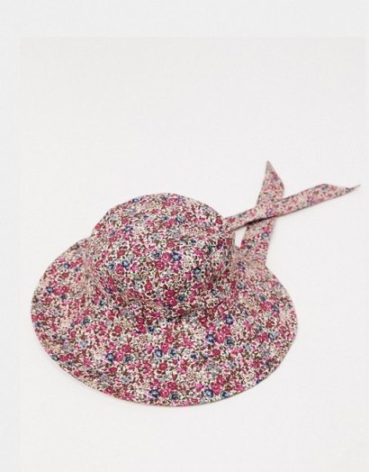 Mango bucket hat with neck tie in pink floral print / pretty summer hats - flipped