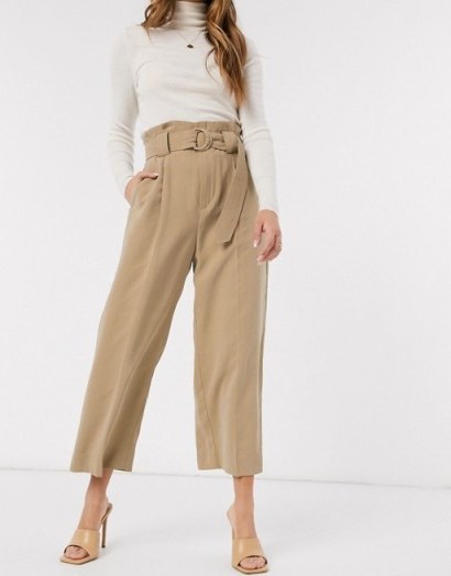 Mango cropped wide leg belted trousers in camel – crop leg pants - flipped