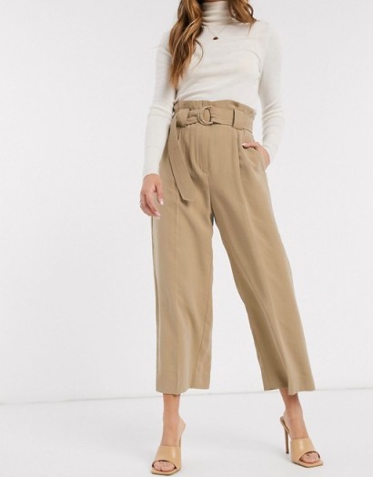 Mango cropped wide leg belted trousers in camel – crop leg pants