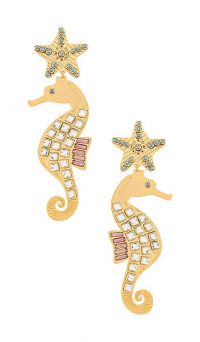 Mercedes Salazar Isla Seahorse Earring | longline statement drops | sea inspired earrings | clip on crystal covered seahorses
