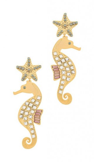 Mercedes Salazar Isla Seahorse Earring | longline statement drops | sea inspired earrings | clip on crystal covered seahorses - flipped
