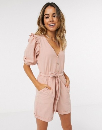 Miss Selfridge denim playsuit with frill sleeves in pale pink - flipped