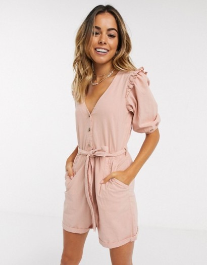 Miss Selfridge denim playsuit with frill sleeves in pale pink