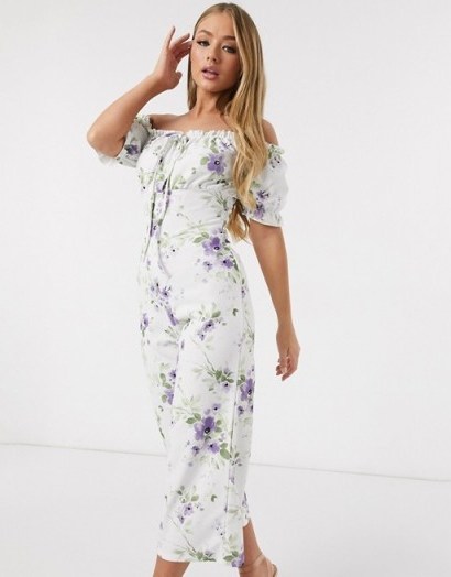 Missguided bardot jumpsuit in floral print / white printed off the shoulder jumpsuits - flipped