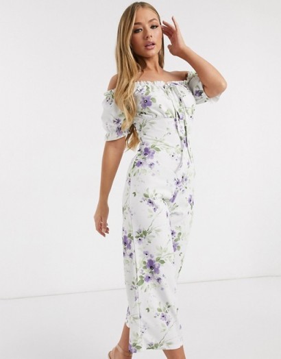 Missguided bardot jumpsuit in floral print / white printed off the shoulder jumpsuits