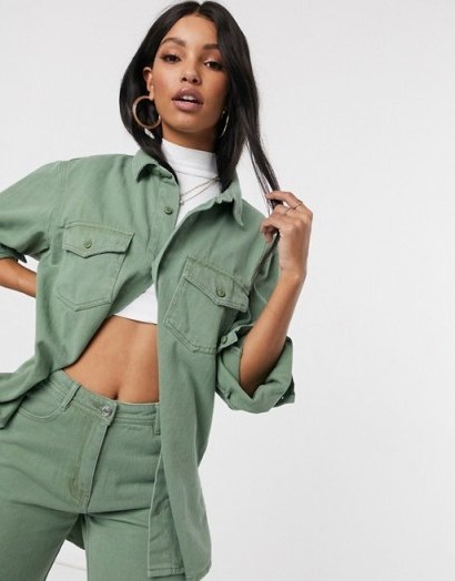 Missguided denim co-ord in khaki | green jacket and shorts set - flipped