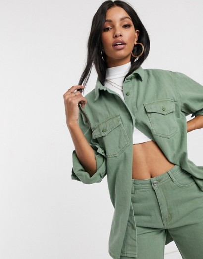 Missguided denim co-ord in khaki | green jacket and shorts set