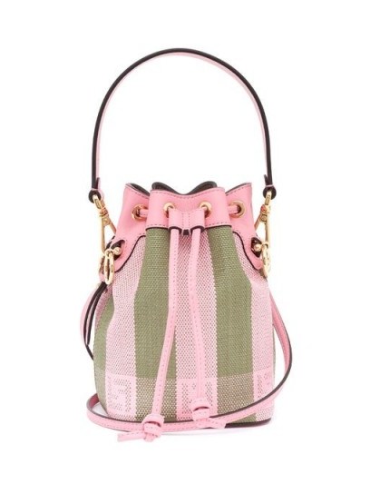 FENDI Mon Tresor mini logo-jacquard canvas bucket bag in pink and green ~ small luxe bags - flipped
