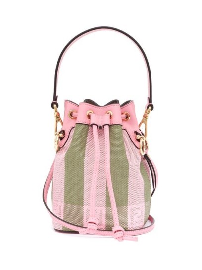 FENDI Mon Tresor mini logo-jacquard canvas bucket bag in pink and green ~ small luxe bags